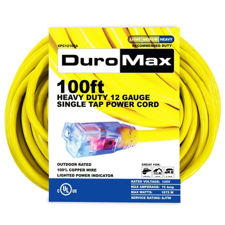 DUROMAX 100 ft. 12 Gauge Single Tap 100% Copper SJTW Heavy Duty Lit Extension Power Cord XPC12100A